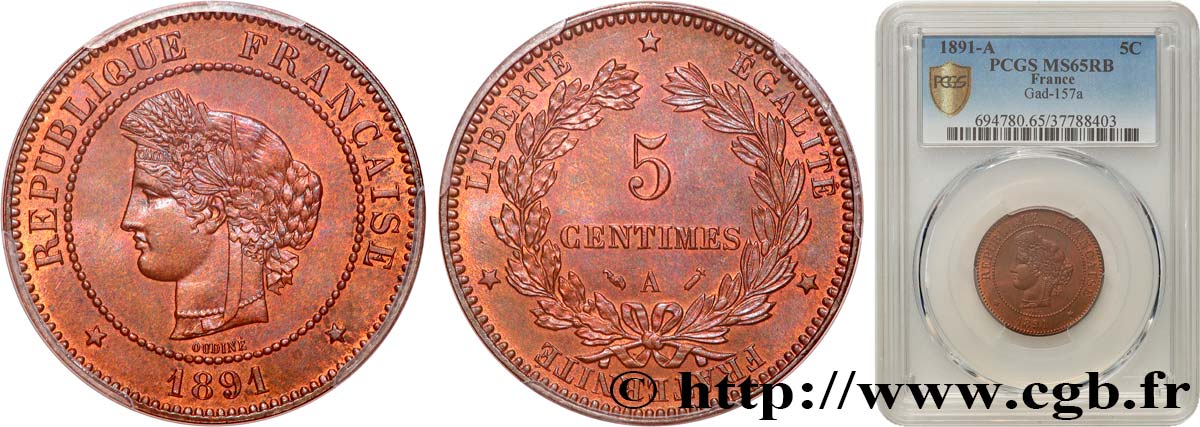 5 centimes Cérès 1891 Paris F.118/33 ST65 PCGS