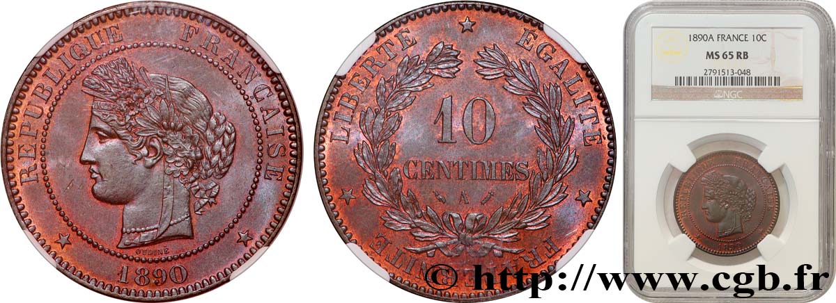 10 centimes Cérès 1890 Paris F.135/35 MS65 NGC