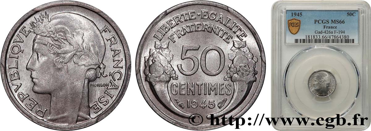 50 centimes Morlon, légère 1945  F.194/5 MS66 PCGS