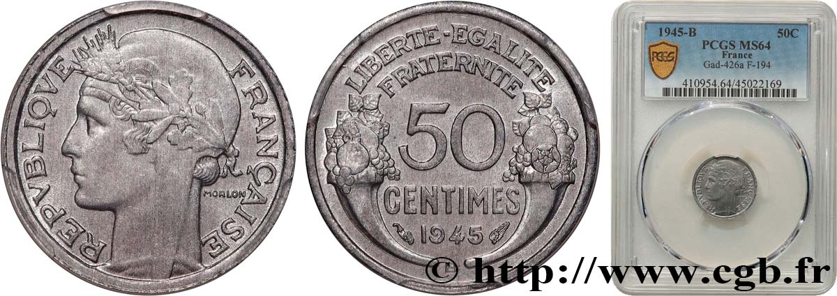 50 centimes Morlon, légère 1945 Beaumont-le-Roger F.194/6 MS64 PCGS