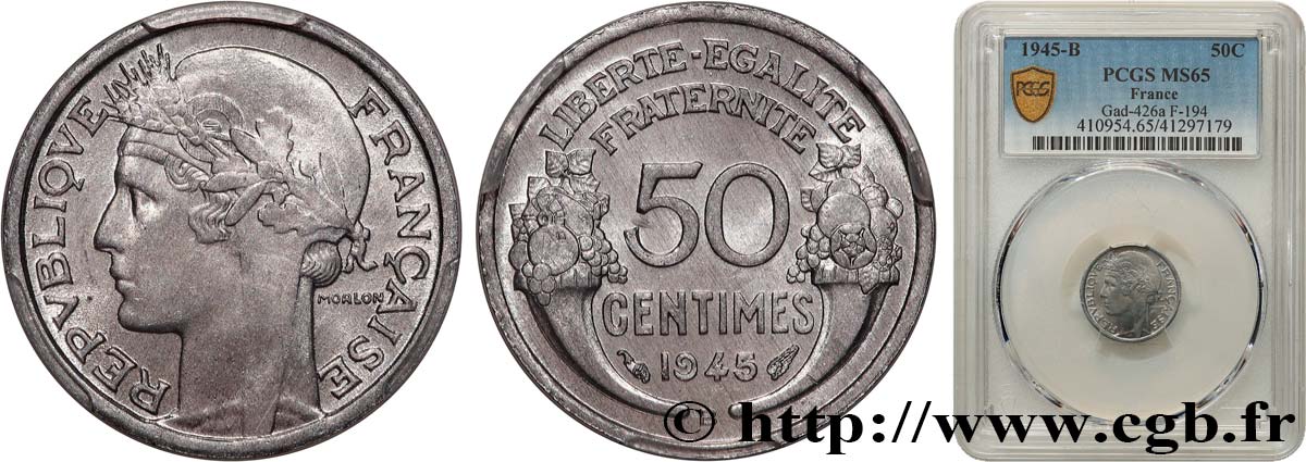 50 centimes Morlon, légère 1945 Beaumont-le-Roger F.194/6 MS65 PCGS