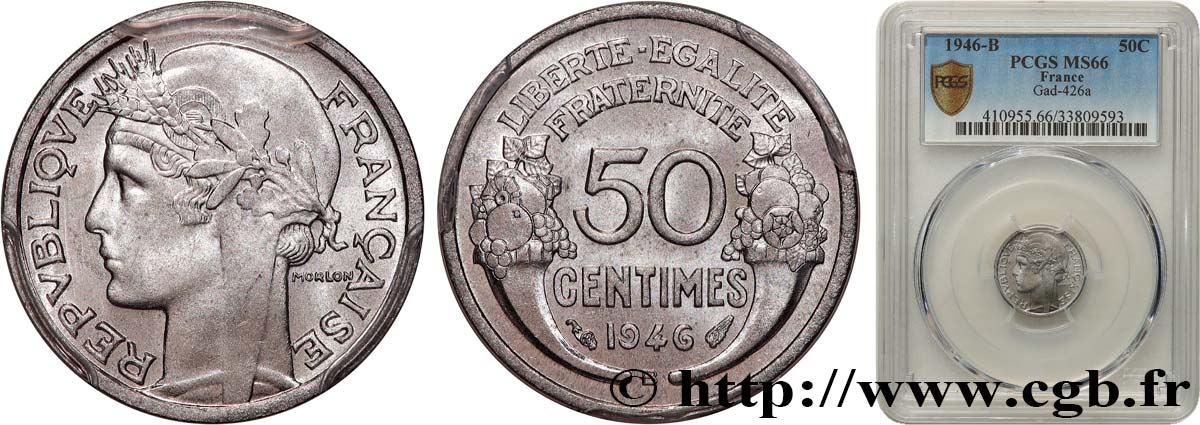 50 centimes Morlon, légère 1946 Beaumont-le-Roger F.194/9 MS66 PCGS