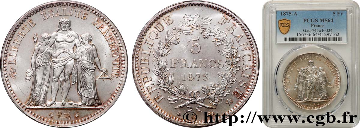 5 francs Hercule 1875 Paris F.334/14 MS64 PCGS