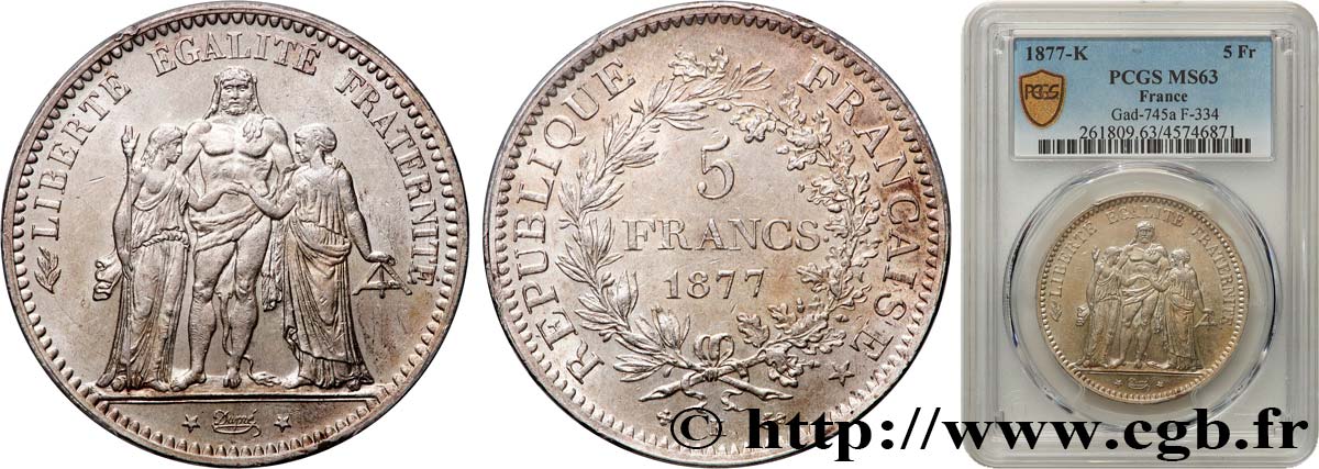 5 francs Hercule 1877 Bordeaux F.334/20 fST63 PCGS