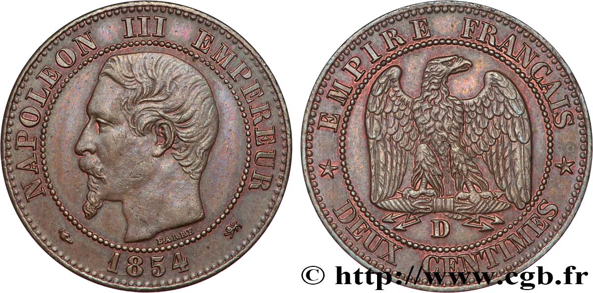 Deux centimes Napoléon III, tête nue 1854 Lyon F.107/13 TTB 