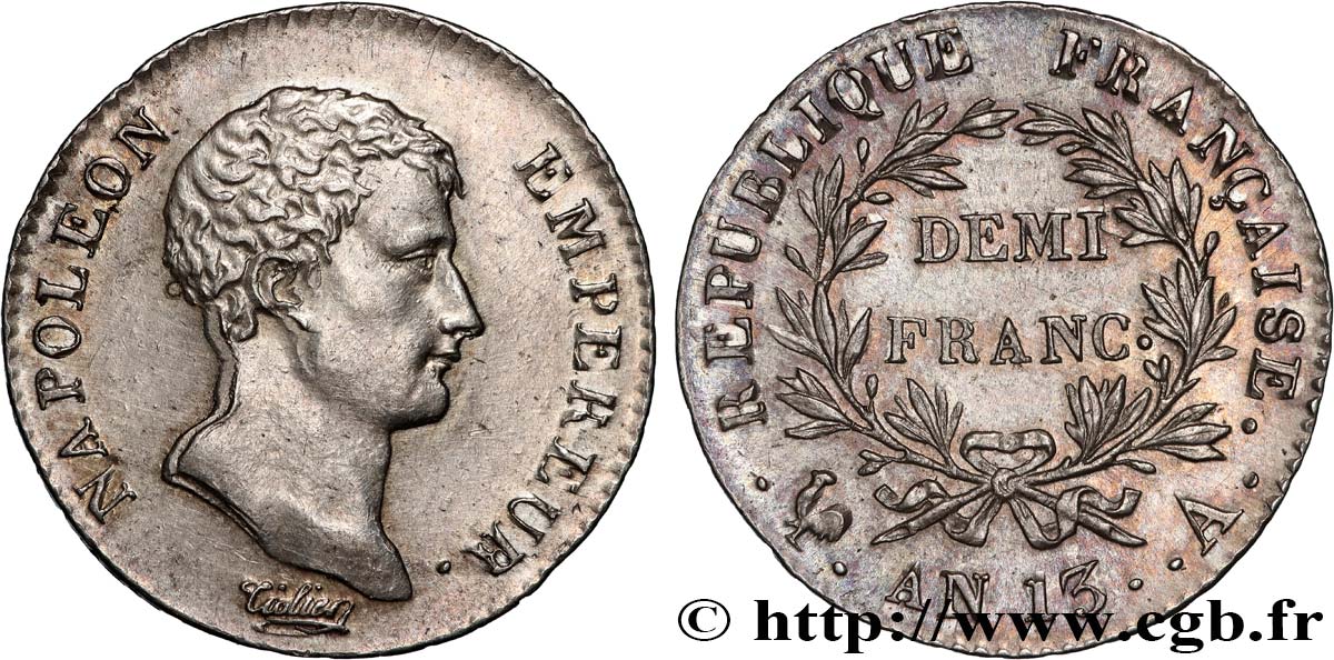 Demi-franc Napoléon Empereur, Calendrier révolutionnaire 1805 Paris F.174/10 SUP+ 