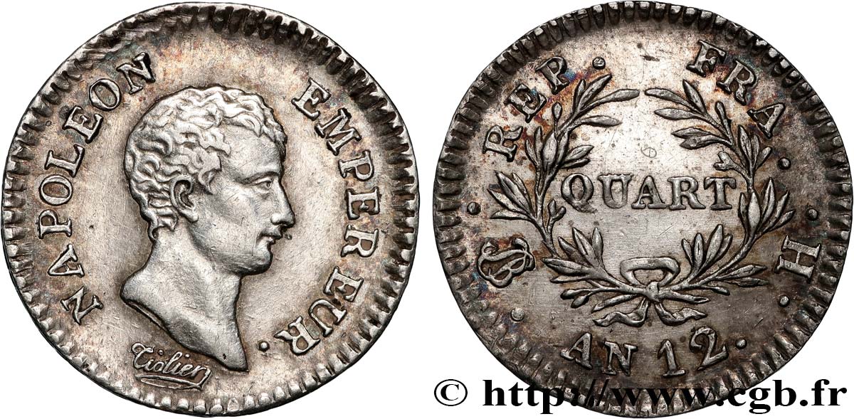 Quart (de franc) Napoléon Empereur, Calendrier révolutionnaire 1804 La Rochelle F.158/3 AU 