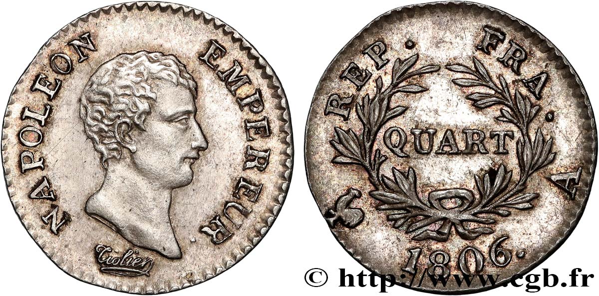 Quart (de franc) Napoléon Empereur, Calendrier grégorien 1806 Paris F.159/1 AU 