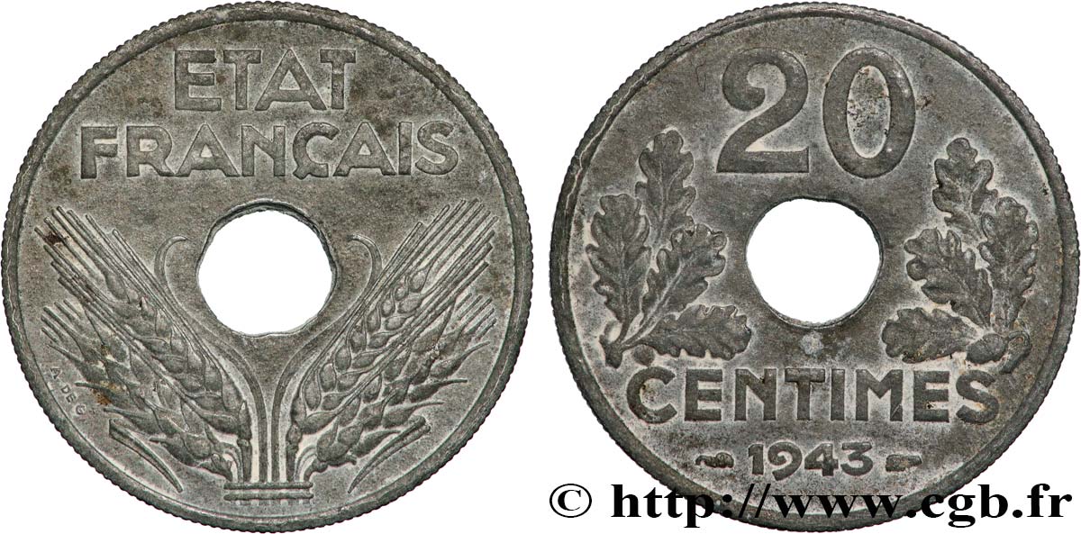 20 centimes État français, lourde 1943  F.153/5 BB 