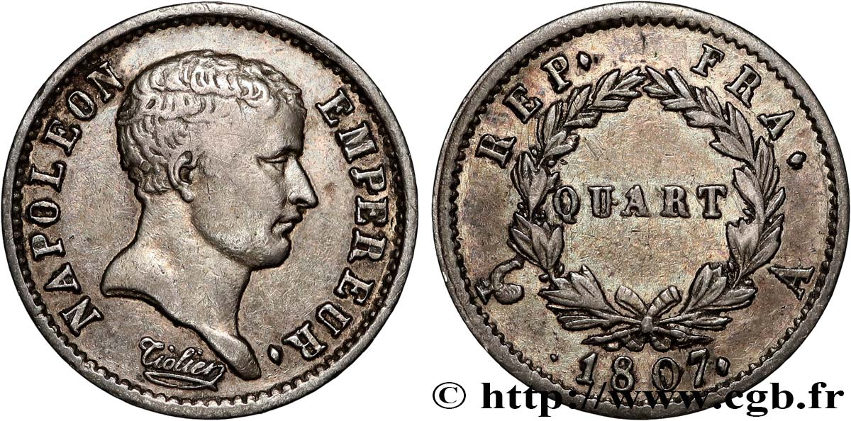 Quart (de franc) Napoléon Empereur, tête de nègre 1807 Paris F.160/1 XF 