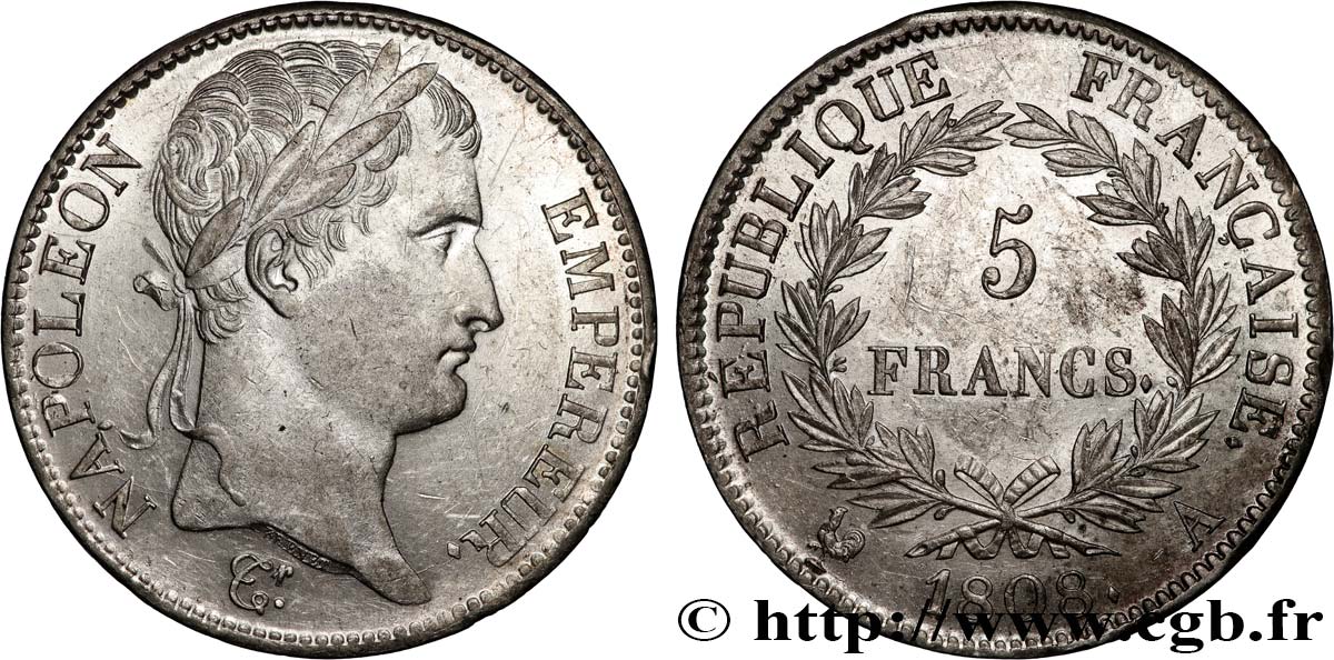 5 francs Napoléon Empereur, République française 1808 Paris F.306/2 SUP 