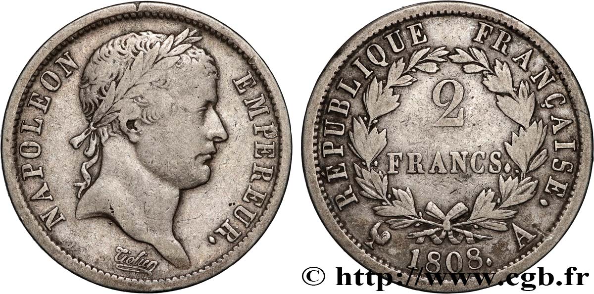 2 francs Napoléon Ier tête laurée, République française 1808 Paris F.254/4 VF30 