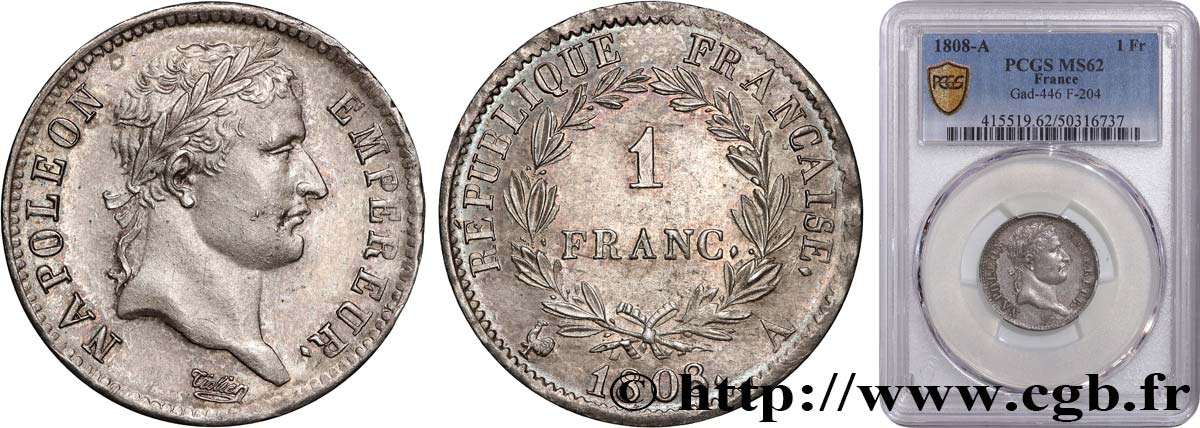 1 franc Napoléon Ier tête laurée, République française 1808 Paris F.204/2 SPL62 PCGS