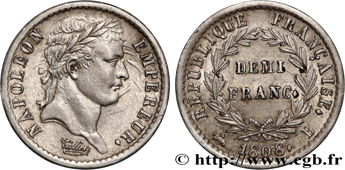 Demi-franc Napoléon Ier tête laurée, République française 1808 Rouen F.177/3 SPL55 