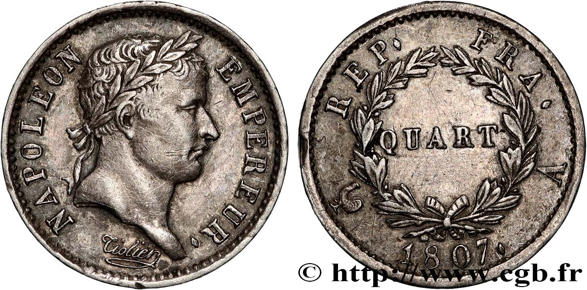 Quart (de franc) Napoléon Ier tête laurée, République française 1807 Paris F.161/1 fVZ 