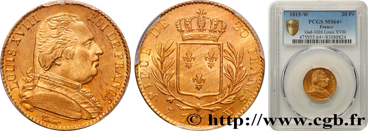 20 francs or Louis XVIII, buste habillé 1815 Lille F.517/18 MS64 PCGS