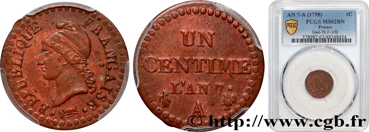 Un centime Dupré, 7 normal 1799 Paris F.100/15 SUP62 PCGS