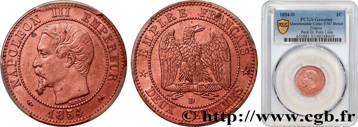 Deux centimes Napoléon III, tête nue 1854 Lyon F.107/15 SUP+ PCGS