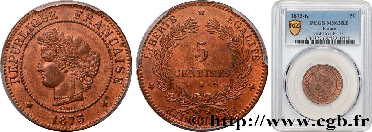 5 centimes Cérès 1873 Bordeaux F.118/8 SPL63 PCGS