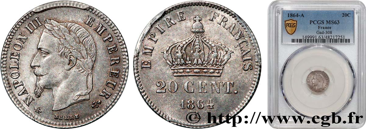 20 centimes Napoléon III, tête laurée, petit module 1864 Paris F.149/1 MS63 PCGS