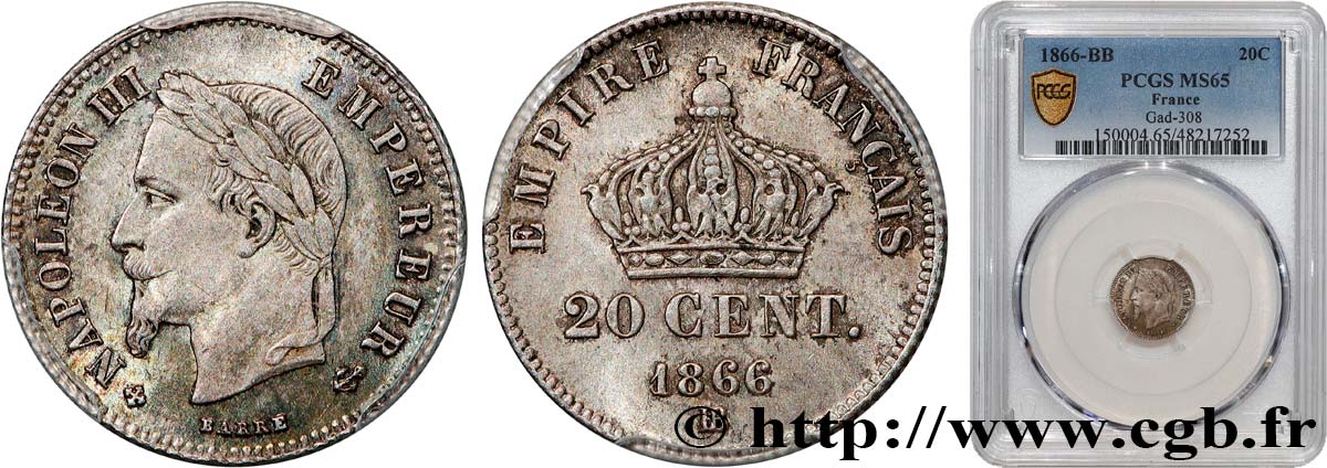 20 centimes Napoléon III, tête laurée, petit module 1866 Strasbourg F.149/5 MS65 PCGS