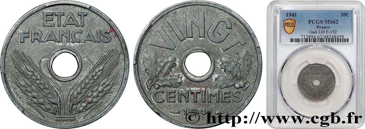 VINGT centimes État français, cannelures larges 1941  F.152/3 VZ62 PCGS