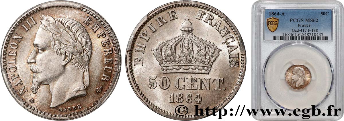50 centimes Napoléon III, tête laurée 1864 Paris F.188/2 SPL62 PCGS