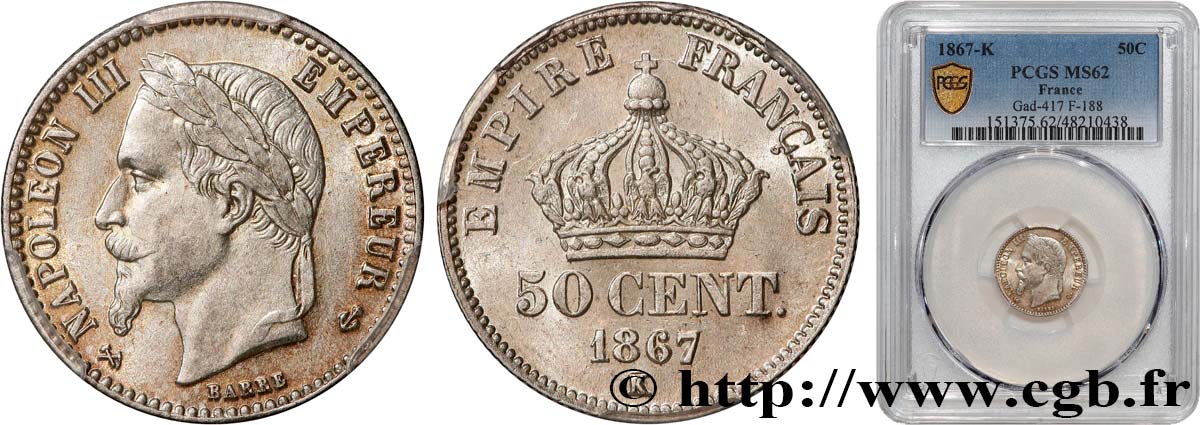 50 centimes Napoléon III, tête laurée 1867 Bordeaux F.188/18 MS62 PCGS