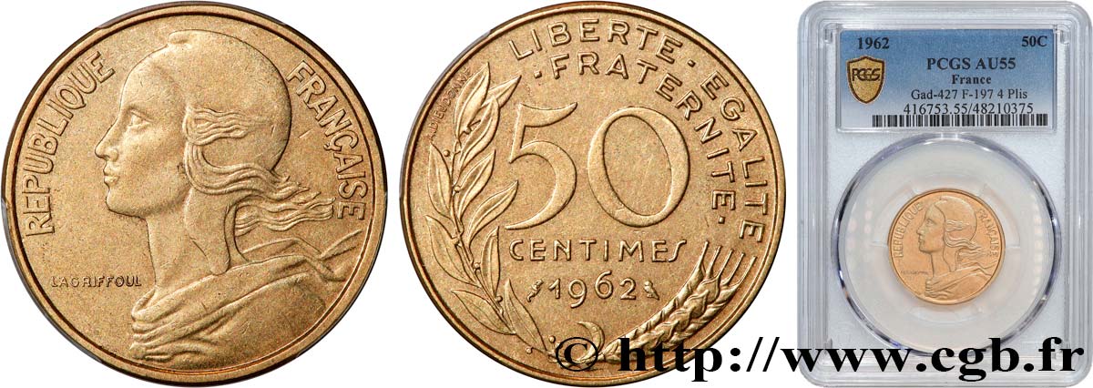 50 centimes Marianne, col à 4 plis 1962 Paris F.197/3 AU55 PCGS