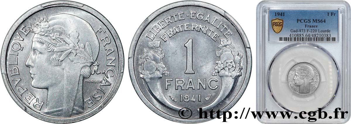 1 franc Morlon, lourde 1941 Paris F.220/2 SC64 PCGS