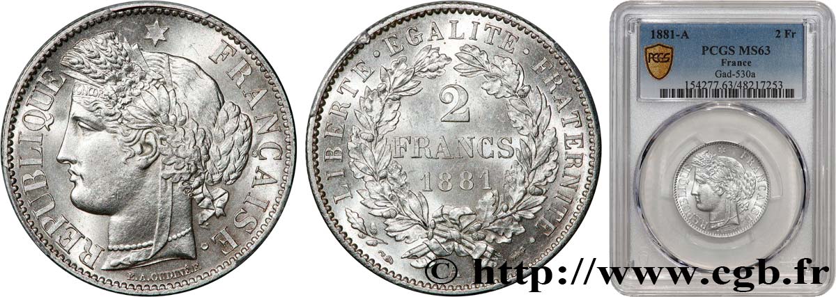 2 francs Cérès, avec légende 1881 Paris F.265/12 SPL63 PCGS