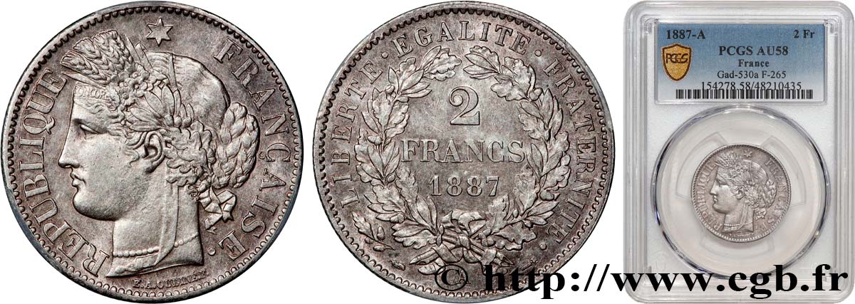 2 francs Cérès, avec légende 1887 Paris F.265/13 SUP58 PCGS