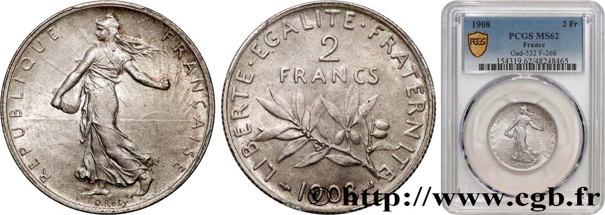 2 francs Semeuse 1908 Paris F.266/10 SPL62 PCGS
