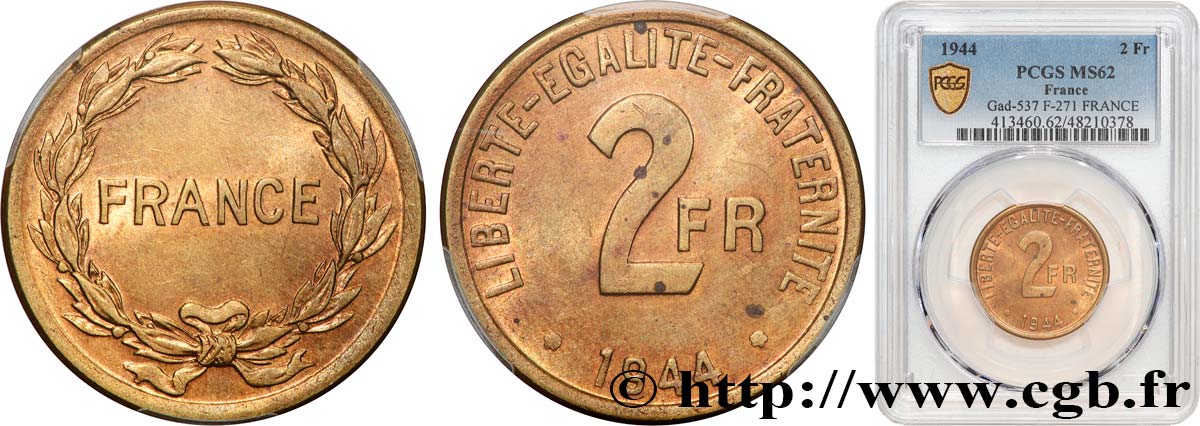 2 francs France 1944  F.271/1 SUP62 PCGS