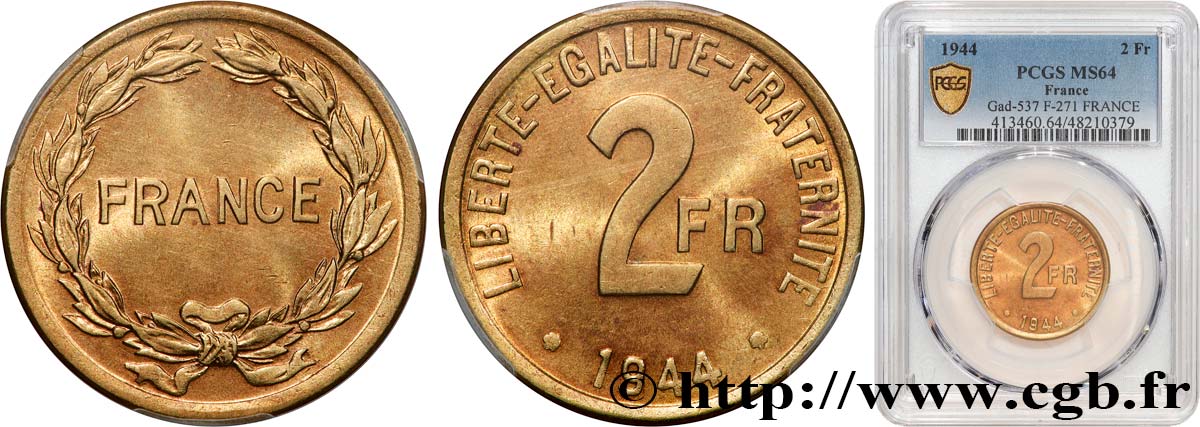 2 francs France 1944  F.271/1 MS64 PCGS