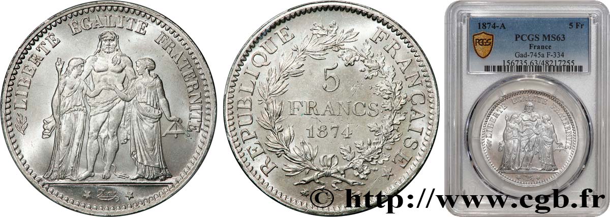 5 francs Hercule 1874 Paris F.334/12 SPL63 PCGS