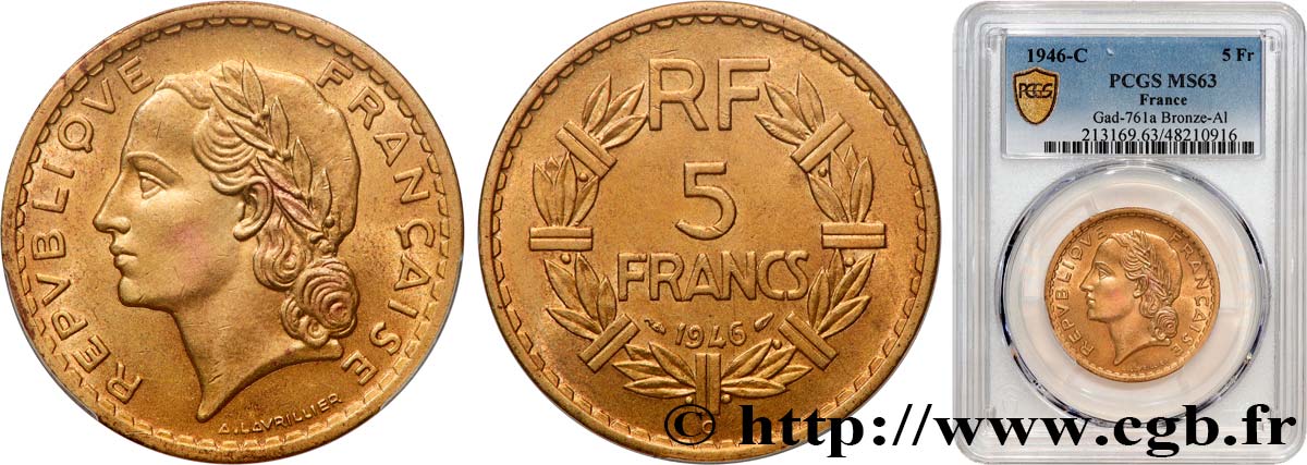 5 francs Lavrillier, bronze-aluminium 1946 Castelsarrasin F.337/8 MS63 PCGS