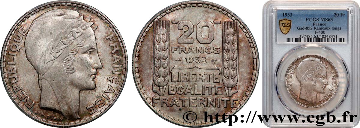 20 francs Turin, Rameaux Longs 1933  F.400/5 SPL63 PCGS