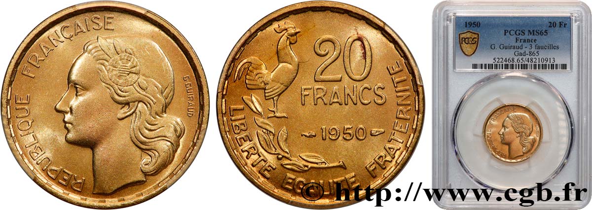 20 francs G. Guiraud, 3 faucilles 1950  F.402/2 FDC65 PCGS