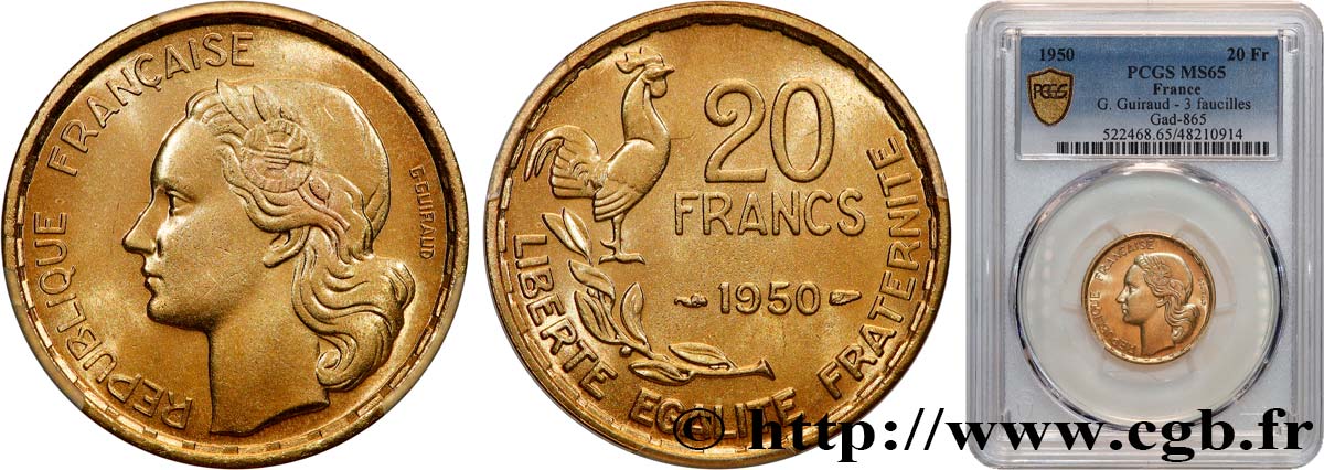 20 francs G. Guiraud, 3 faucilles 1950  F.402/2 ST65 PCGS