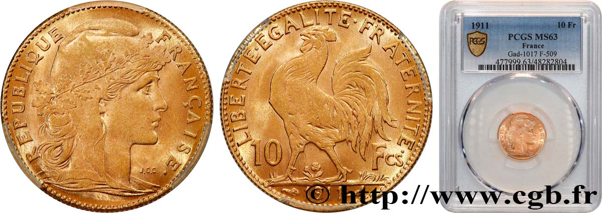 10 francs or Coq 1911 Paris F.509/12 SC63 PCGS