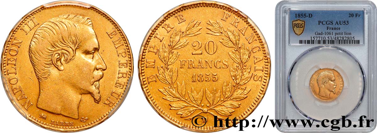 20 francs or Napoléon III, tête nue 1855 Lyon F.531/7 AU53 PCGS