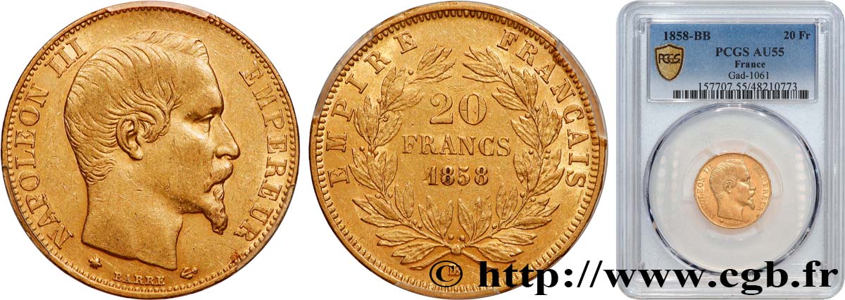 20 francs or Napoléon III, tête nue 1858 Strasbourg F.531/14 SPL55 PCGS