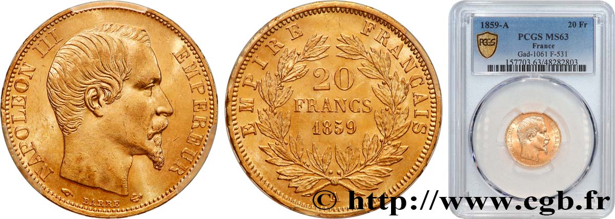 20 francs or Napoléon III, tête nue 1859 Paris F.531/15 SC63 PCGS