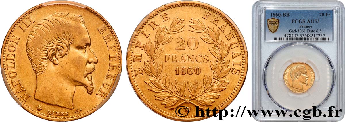 20 francs or Napoléon III, tête nue 1860 Strasbourg F.531/19 AU53 PCGS