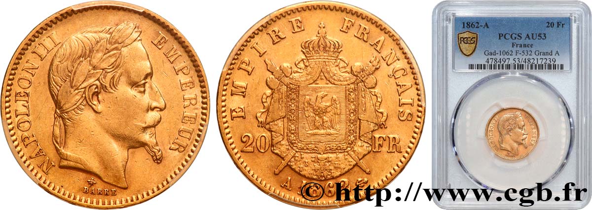 20 francs or Napoléon III, tête laurée, grand A 1862 Paris F.532/4 TTB53 PCGS