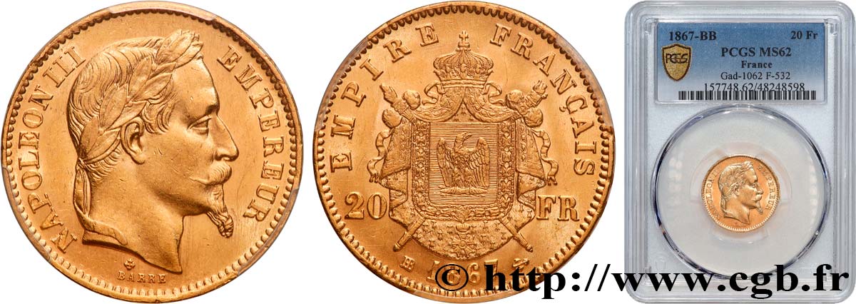 20 francs or Napoléon III, tête laurée, petit BB 1867 Strasbourg F.532/16 EBC62 PCGS