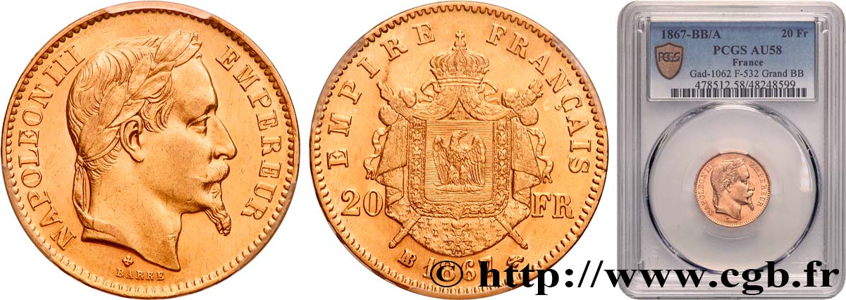 20 francs or Napoléon III, tête laurée, Grand BB 1867 Strasbourg F.532/17 AU58 PCGS