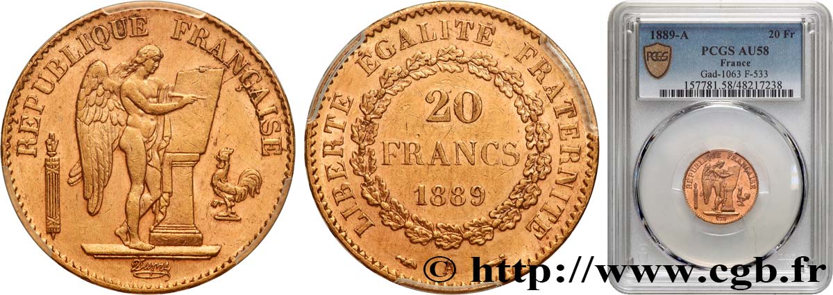 20 francs or Génie, Troisième République 1889 Paris F.533/12 VZ58 PCGS