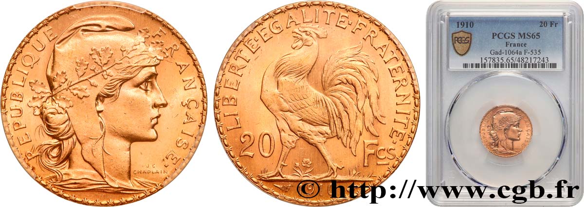 20 francs or Coq, Liberté Égalité Fraternité 1910 Paris F.535/4 MS65 PCGS